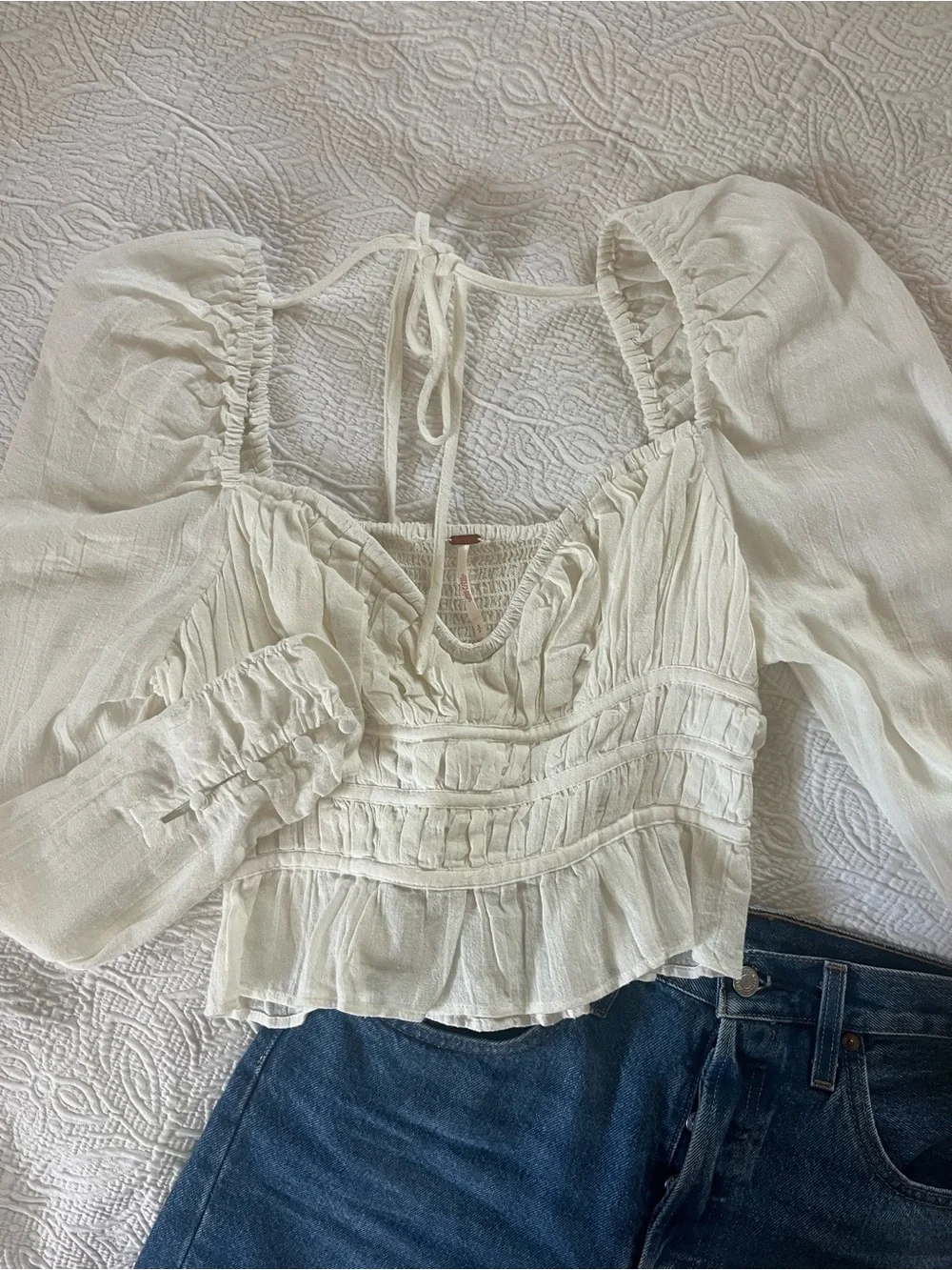 Free People Smocked Puff-Sleeve White Crop Top sz S